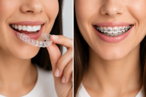 Side-by-side comparison of clear aligners and traditional braces for orthodontic treatment at The Smile Architects.