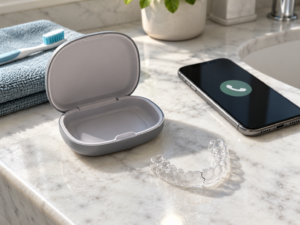 Cracked clear aligner beside an empty case and a smartphone ready to contact the dental office.